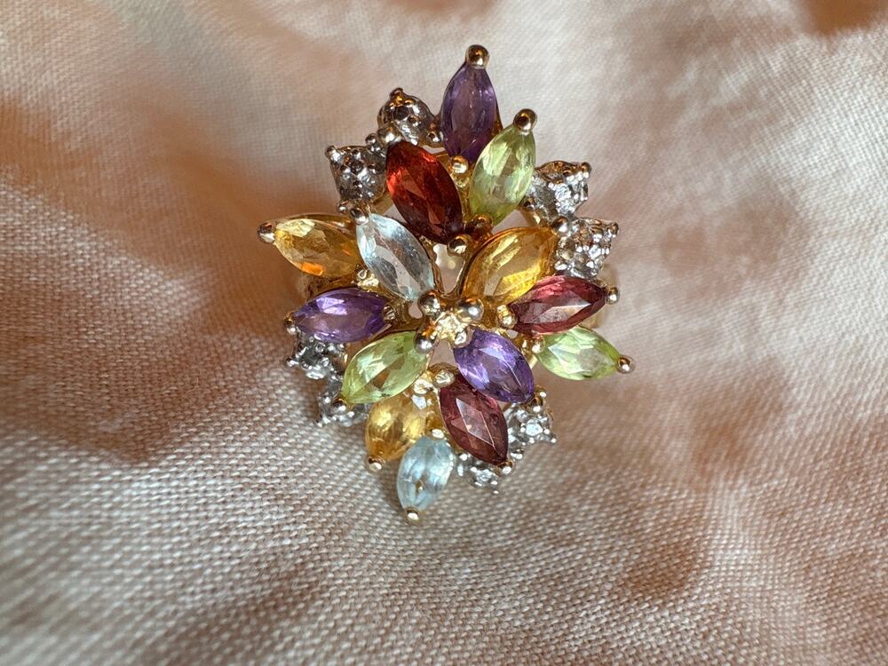 925 Sterling Silver Gold Tone Multicolor Gemstone Cluster Flower Ring China 7.5